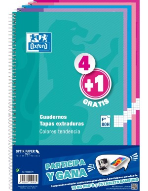 Pack 4+1 libretas espiral oxford  folio cuadricula tapa extradura colores vivos
