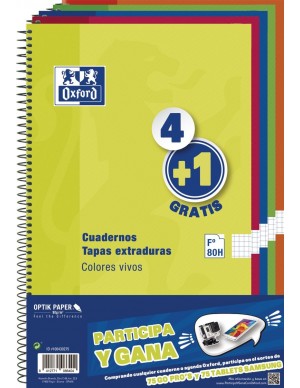 Pack 4+1 libretas espiral oxford  folio cuadricula tapa extradura colores vivos