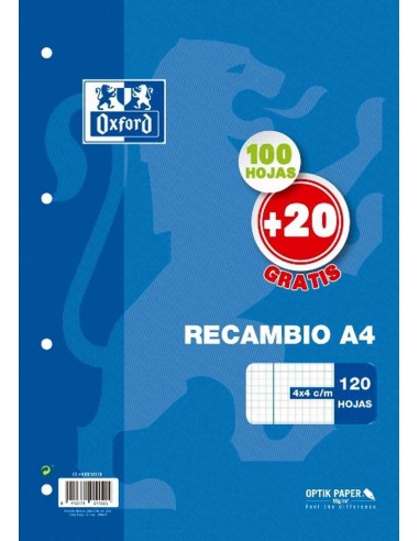 Recambio A-4 Oxford cuadricula con 4 taladros 100 + 20 hojas gratis