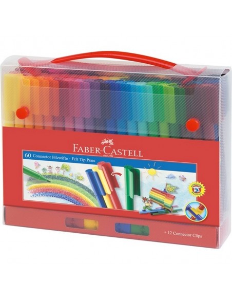 Maletín de plástico con 60 rotuladores Connector + 12 conectroes + 1 folleto para colorear Faber Castell