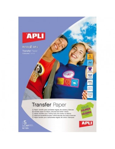 Pte 5 hojas Apli transfer para camisetas de colores